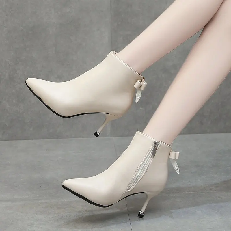 

2020 Pointed Toe Ankle Boots Women Shoes Stiletto Heel Short Boots Winter High Heel Boots Women Black Beige Botines Mujer