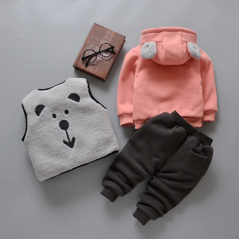 COOTELILI 3pcs Velvet Fleece Toddler Girls Winter Clothes Sets Thicken Fur Boys Clothes Winter Warm Vest + Sweatshirt + Pants (8)