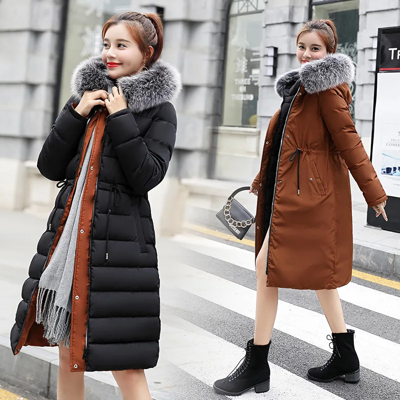 

Reversible Mid-length Cotton-padded Clothes Women's 2018 Winter New Style Korean-style Drawstring Waist Hugging Hooded Large Fur