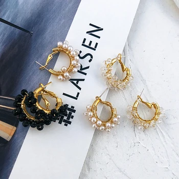 

Lifefontier Luxury C-type Pearl Crystal Studs Earrings For Women Geometric Statement Hoop Circle Earrings Jewelry Pendientes