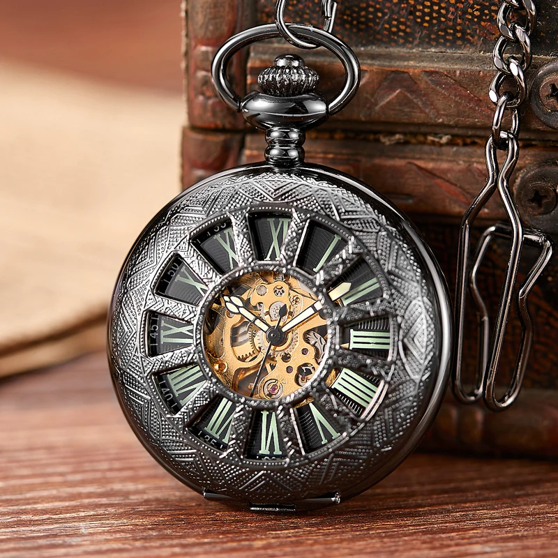 Luminous Mechanical Pocket Watch Hollow Black Dial Hand-Winding Men Pendant Collection Fob Chain Watch Skeleton Steampunk Clock