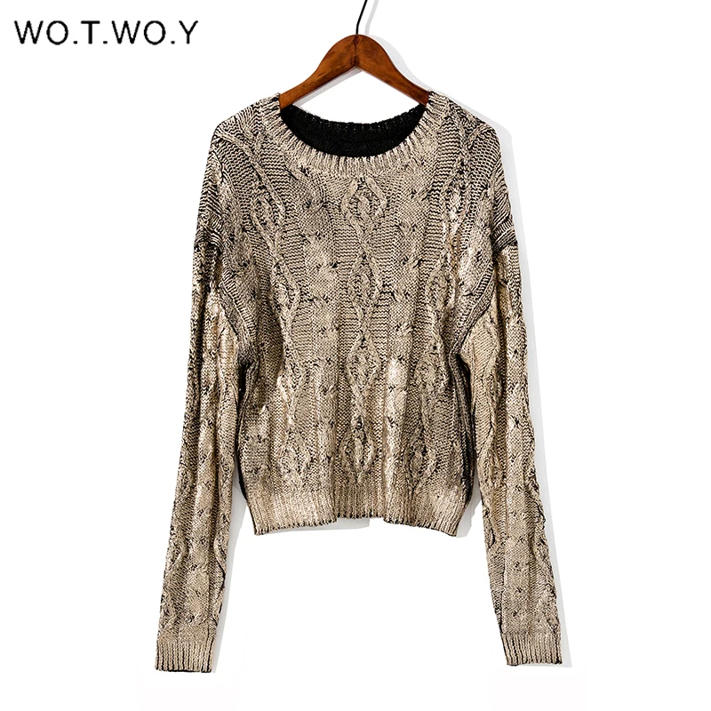 

WOTWOY Bronzing Long Sleeve Knitted Sweaters Women Basic Solid Casual Pullovers Woman Autumn Winter Slim Fit Knitwear Females