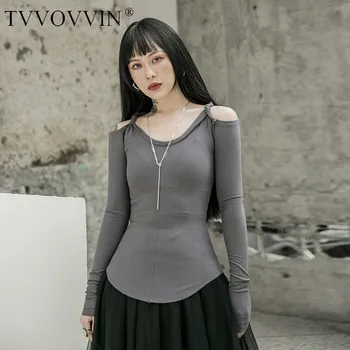 

simple Women Gray Off Shoulder Sexy Brief Slim T-shirt New Round Neck Long Sleeve Fashion Tide Spring Autumn 2020 1R593