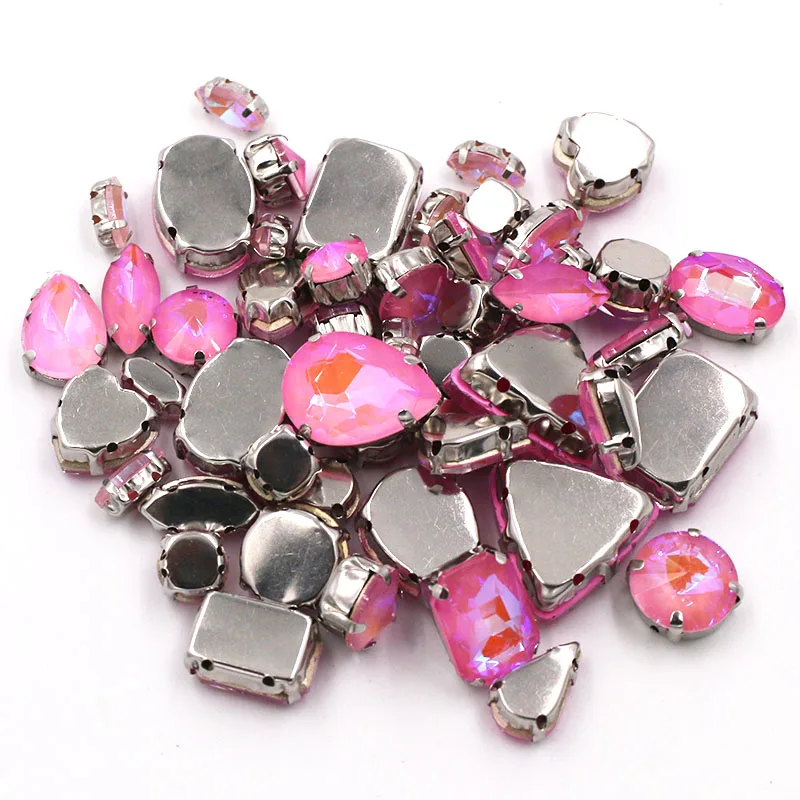 Sew on Rhinestones Wedding Decoration 50pcs/bag Mixed AB Mocha Fluorescence Glass Crystal Stone Silver Claw Rhinestone for Clothes Bags Shoes