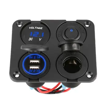 

Dual USB Ports Car Charger + LED Voltmeter + 12-24V Power Socket + On-Off Switch 4 in 1 Car Marine Boat LED Switch Panel