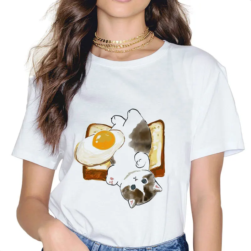 2021 European And American Style Summer Super Hot Net Red Hot Hamburger Cat Print Ladies Short-sleeved Couple T-shirt Loose Top 1