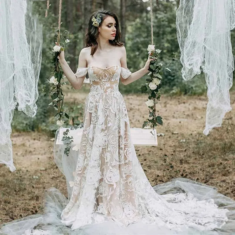 Элегантное кружевное свадебное платье без бретелек с открытой спиной А-силуэт Boho Vestido De Noiva с коротким рукавом Свадебные платья