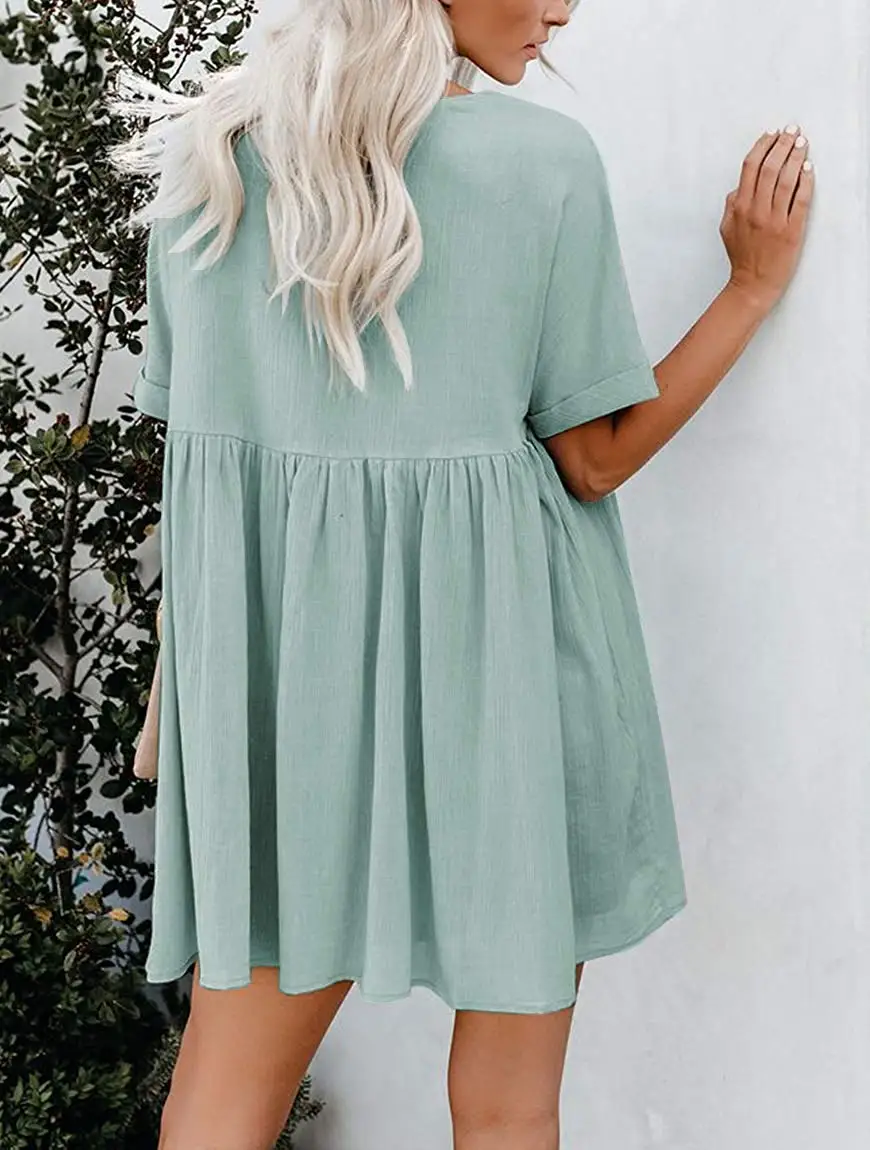 

BM1710 Women's Short Sleeve V Neck Pleated Loose Solid Color Tunic Mini Dress (Green, S)