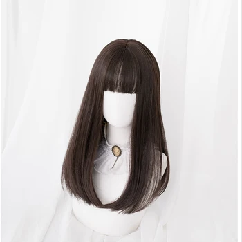 

AILIADE Long Straight Hair Black Brown Synthetic Wig With Bangs Women's Wig Heat-Resistant Lolita Cosplay Wig