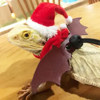 

Bearded Dragon Lizard Santa Hat with Elastic Chin Strap+Scarf+Traction Rope Christmas Costume Set Xmas Reptile Apparel