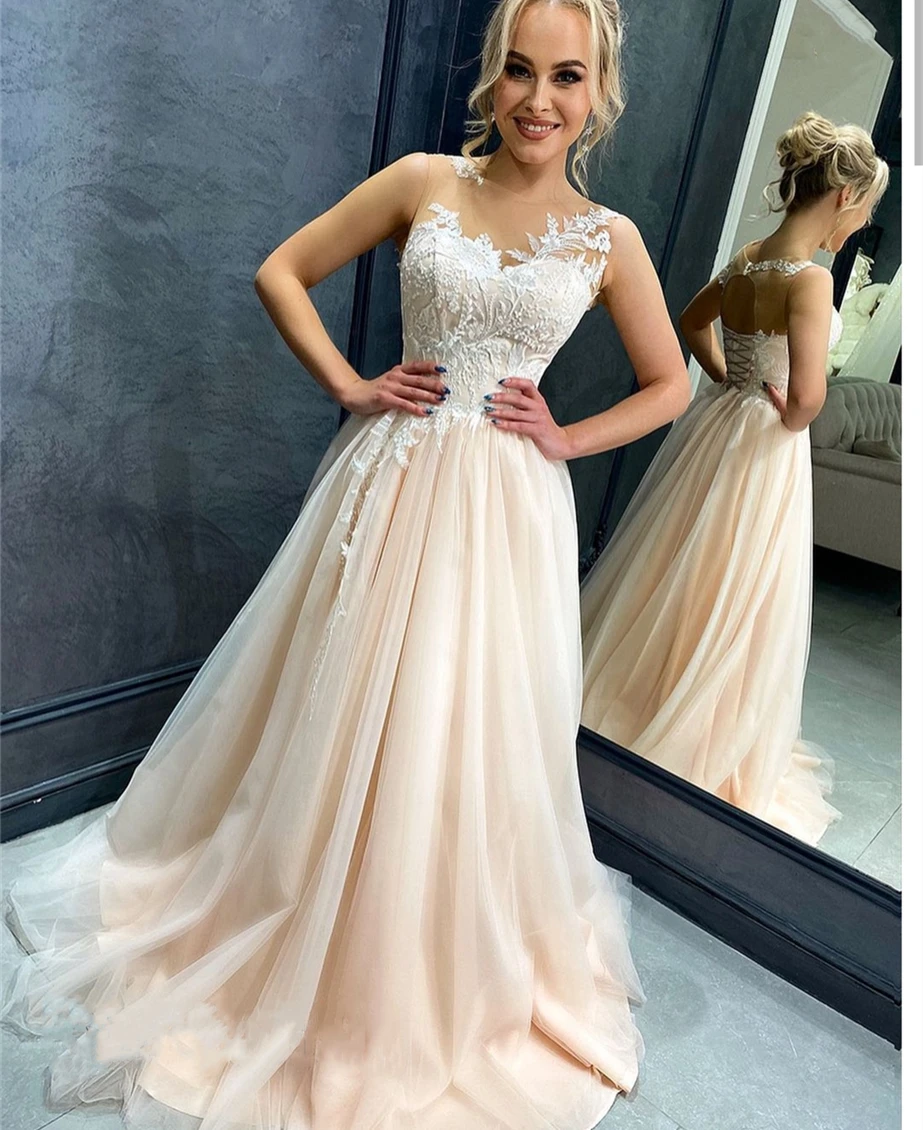 

Light Champagne Wedding Dresses Women A-Line Sheer Neck Backless Lace Appliques Tulle Court Train Bridal Gown Vestidos De Noiva