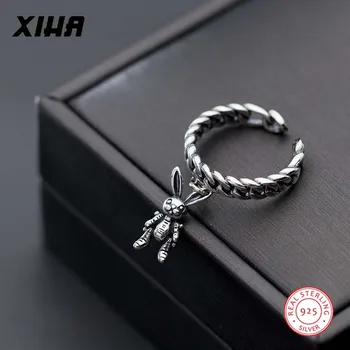 

Curb Cuban Chain Vintage Black 925 Sterling Silver Rings for Women Girls Teen Adjustable Bunny Rabbit Charm Ring Fashion Jewelry