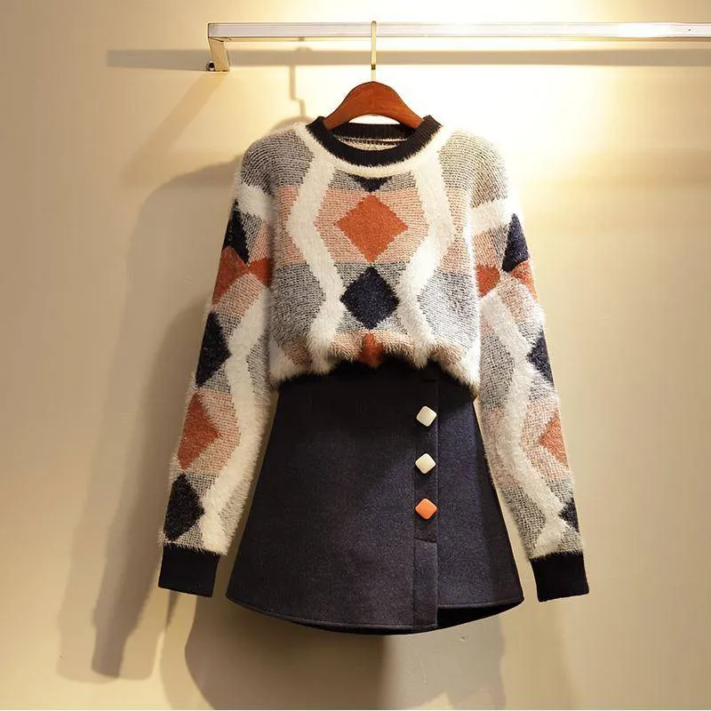 

Fall Casual Button Knitted 2 Piece Set Korean O-Neck Geometry Women's Set Long Sleeve Plus Size 2 Piece Outfits
