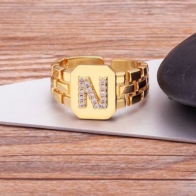 Arrival Fashion Gold Color Initial Ring Open Design Adjustable Hot Sale Watchband Chain A-Z Letters Zircon Rings For Women