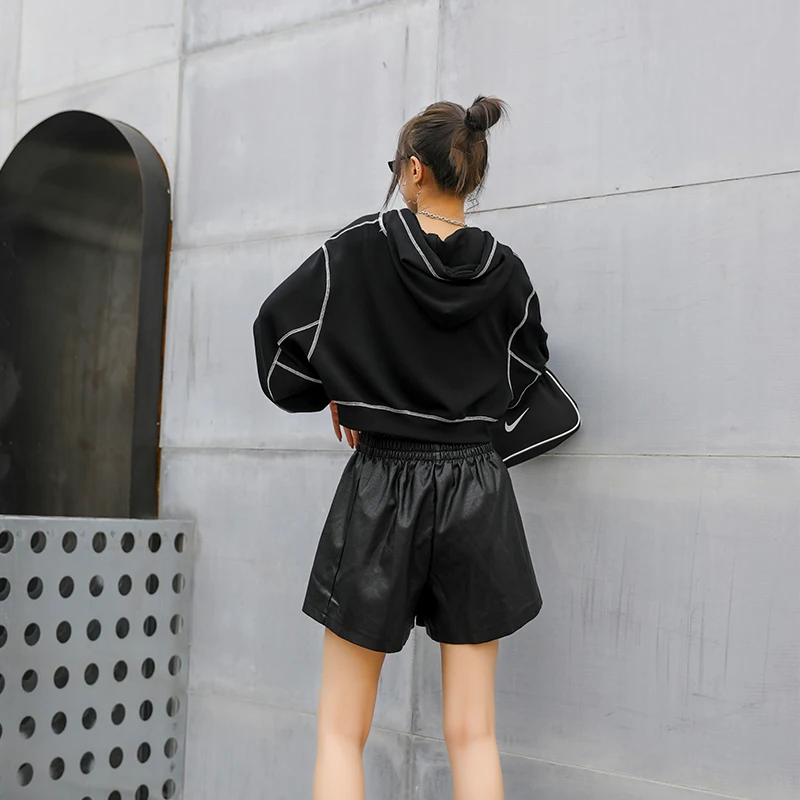 XUXI PU Shorts Women Elastic High Waist Large Size Autumn 2020 Fashion Outer Wear Slimming Streetwear Straight Loose FZ3198