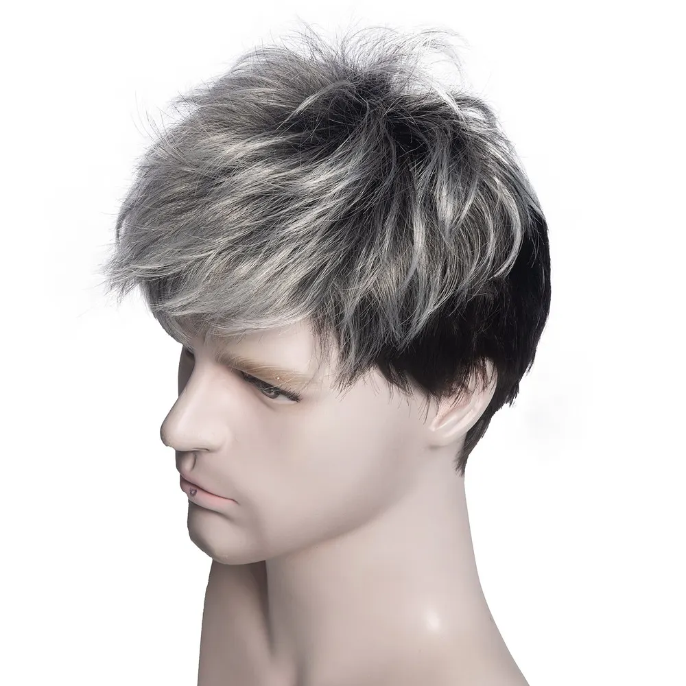 OUCEY Short Wigs for Men Daily Cosplay Wig Men Synthetic Straight Hair Men\'s Wig Gray Black Pixie Cut Wig With Bangs