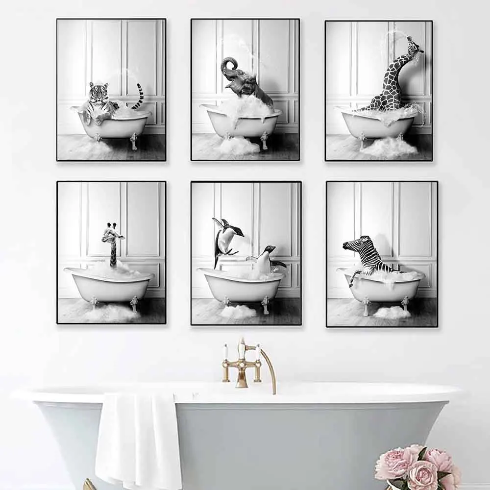 

Black and White Animals Wall Art Bathroom Bathtub Poster Elephant Tiger Giraffe Zebra Canvas Print Nursery Picture for Kids Room