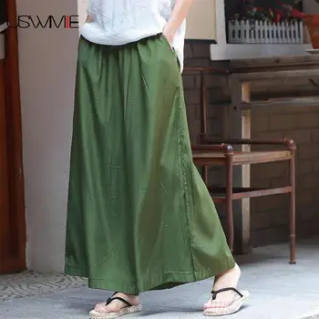 

Plus Size Women Literature Retro Thin Solid Color Elastic Waist Streetwear Cupro Pockets Loose Comfort Casual Wide Leg Pants