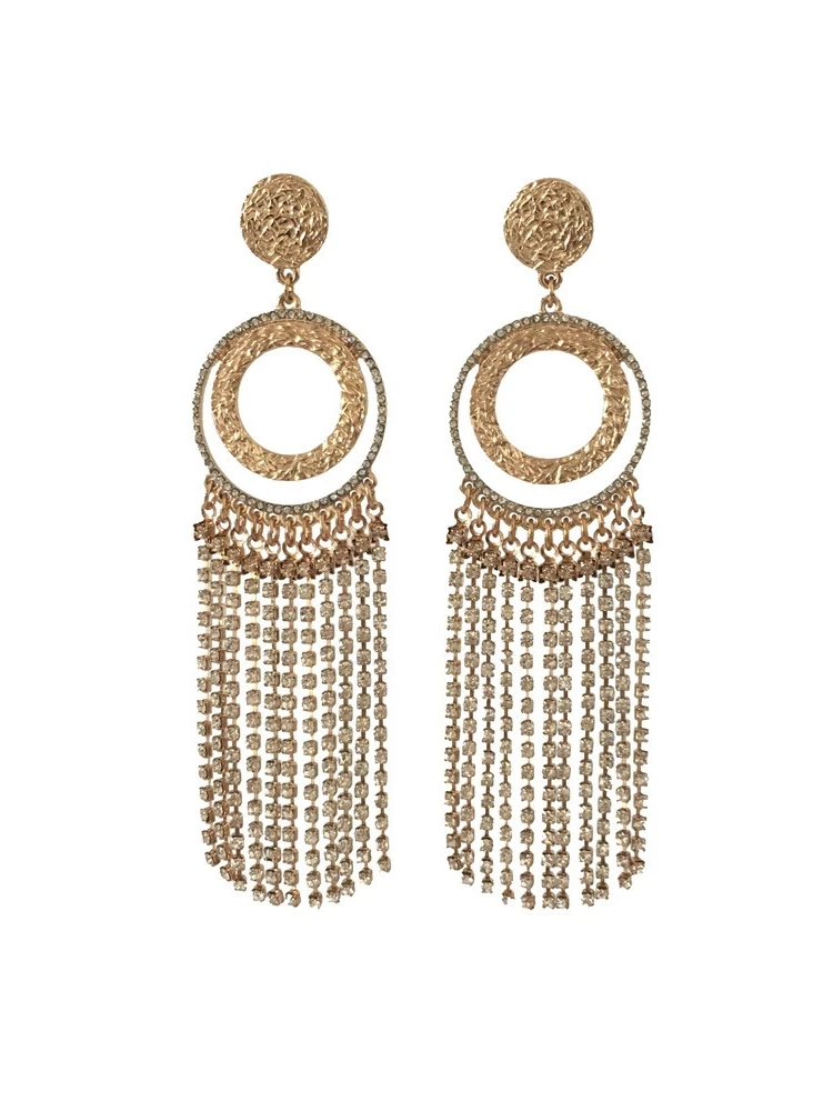 

LUXURY WOMEN DROP EARRINGS GOLD COLOR PLATING TEXTURED ROUND DISC STONE TASSEL