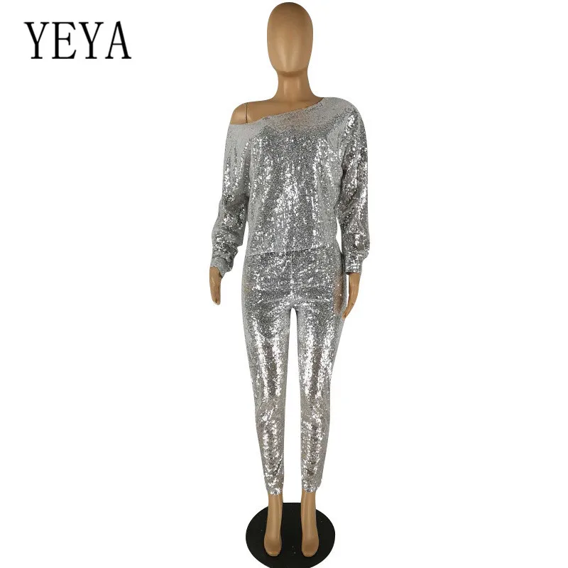 YEYA два предмета наборы для женщин Мода Bling блестками Комбинезоны Осень с длинным рукавом Тощий комбинезон Клубная одежда вечерние комбинезоны Salopette