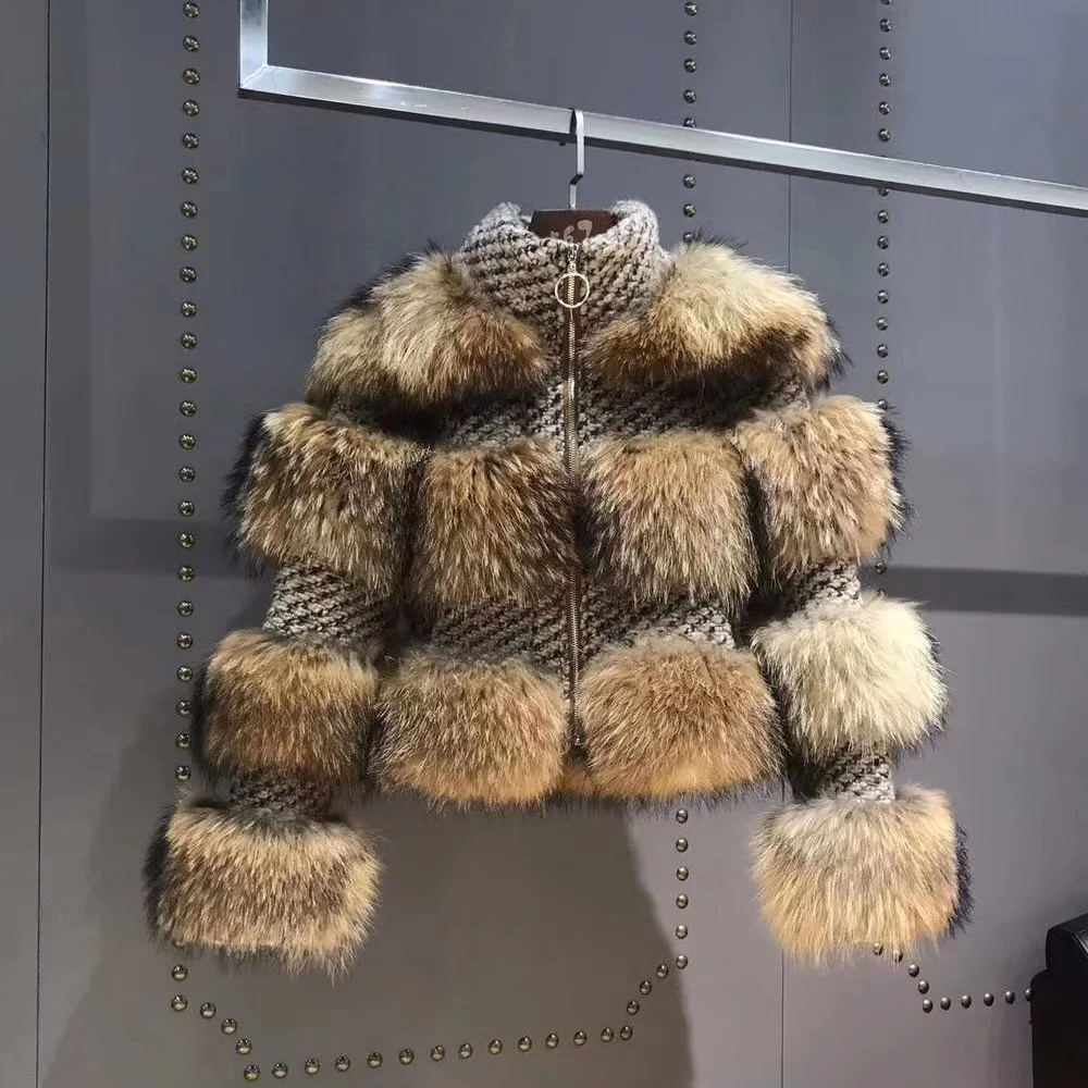 Natural Новое поступление, зимние куртки из натурального меха енота, женские модные пальто из натурального меха, пальто с длинным рукавом VS4101 - Цвет: Natural