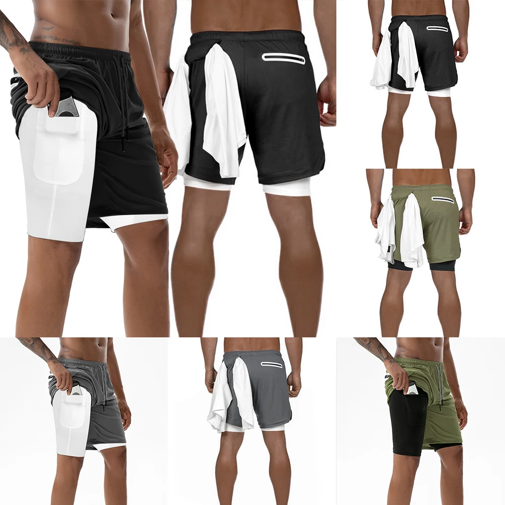 Мужские шорты 2 в 1 для бега с карманами безопасности, мужские двухслойные шорты с карманом для фитнеса, одноцветные камуфляжные шорты для тренировок