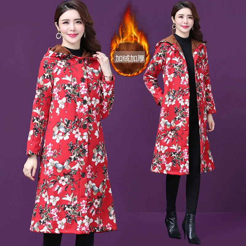 

Winter Style Ethnic-Style WOMEN'S Dress Large Size Mid-length Cotton Linen Hooded Brushed And Thick Printed Warm Cotton Coat Tre