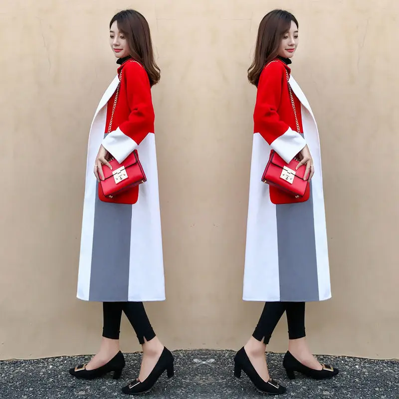 

Dragon and Phoenix Woolen Coat Contrast Color Woolen Coat Women's Mid-Length Winter New Fashion over the Knee Loose Woolen Coat