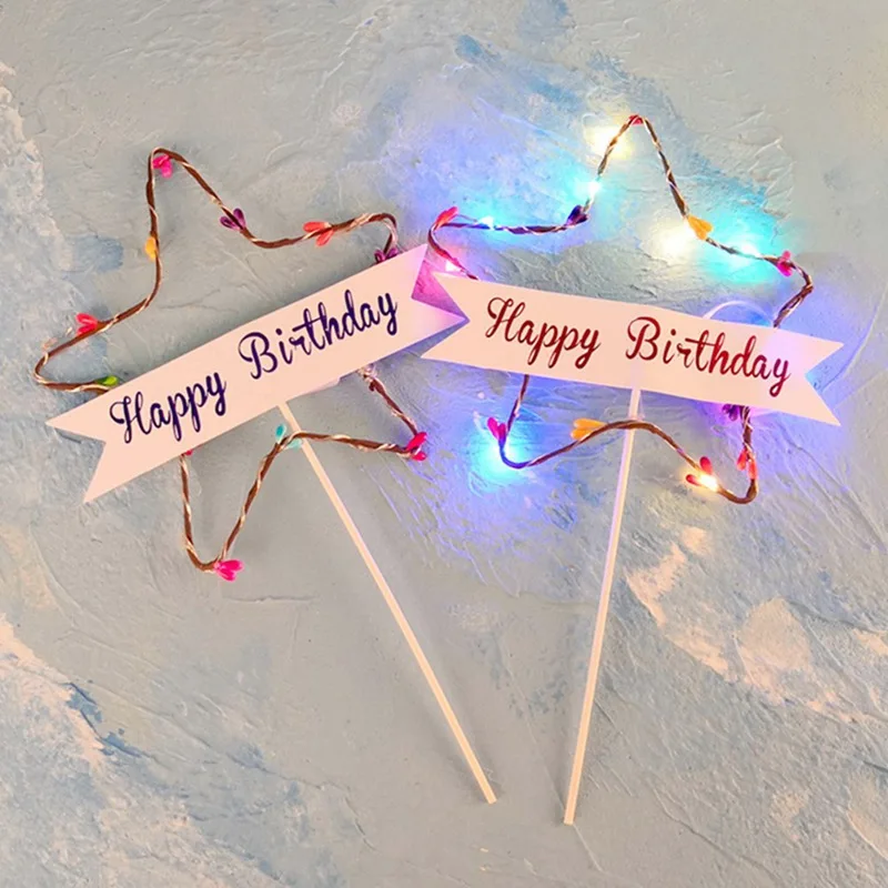 

1Pc Colored Five-Pointed Star Lights Happy Birthday Creative Cake Inserts Paper Star Lamp Cake Decoration Card Party Supplies