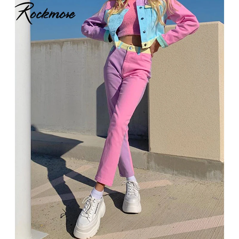 Rockmore Color Patchwork Straight Pants Streetwear Women High Waisted Trousers Korean Style Cute Pockets Joggers Cargo Pants Rockmore Color Patchwork Straight Pants Streetwear Women High Waisted Trousers Korean Style Cute Pockets Joggers Cargo Pants