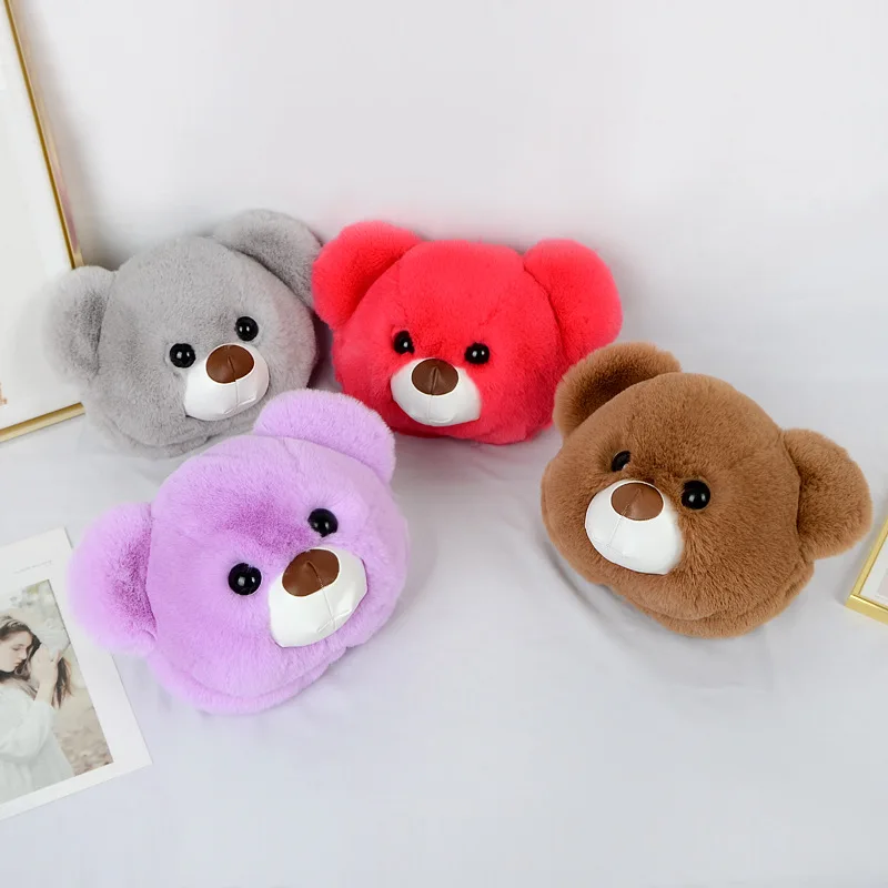 Cute Plush Bear Backpack Keychain For Women Fluffy Rabbit Fur Handbag Casual Chains Messenger Bag Girls Party Gift