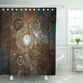 

Blue Rusty Steampunk Clock and Different Kinds of Gears Shower Curtain Waterproof Polyester Fabric 72 x 72 Inches with Hooks