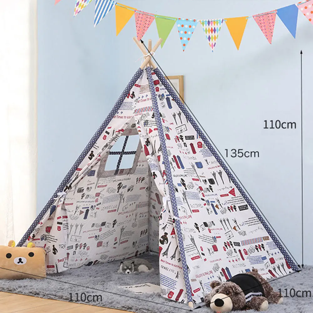 Портативная детская палатка Wigwam, хлопковый брезентовый домик Tipi, детская палатка для девочек, игровой домик, игровой домик, индийский треугольный тент, декор для комнаты - Цвет: WJ3688L
