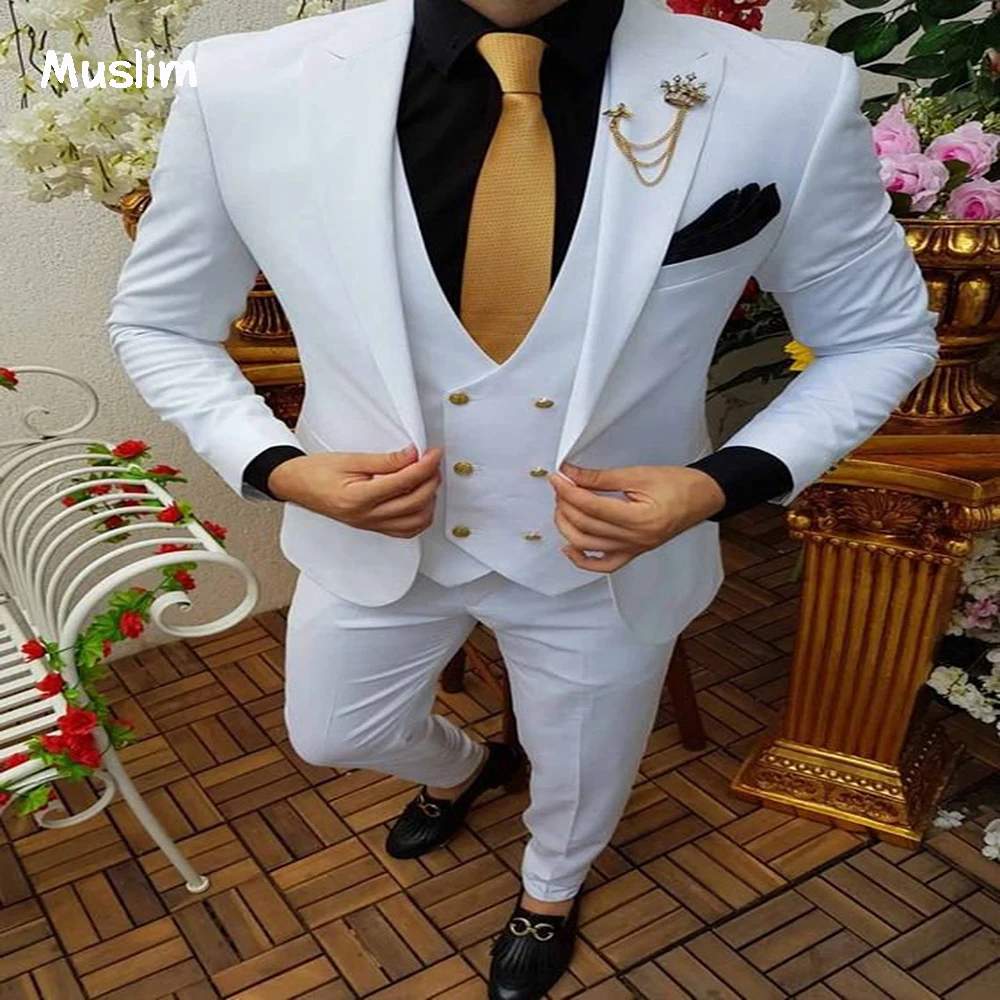

White 3 Pieces Groom Wedding Tuxedos Handsome Coat Pant Vest Satin Mens Suit For Wedding 2023 Slim Peaky Blinders Boyfriend Wear