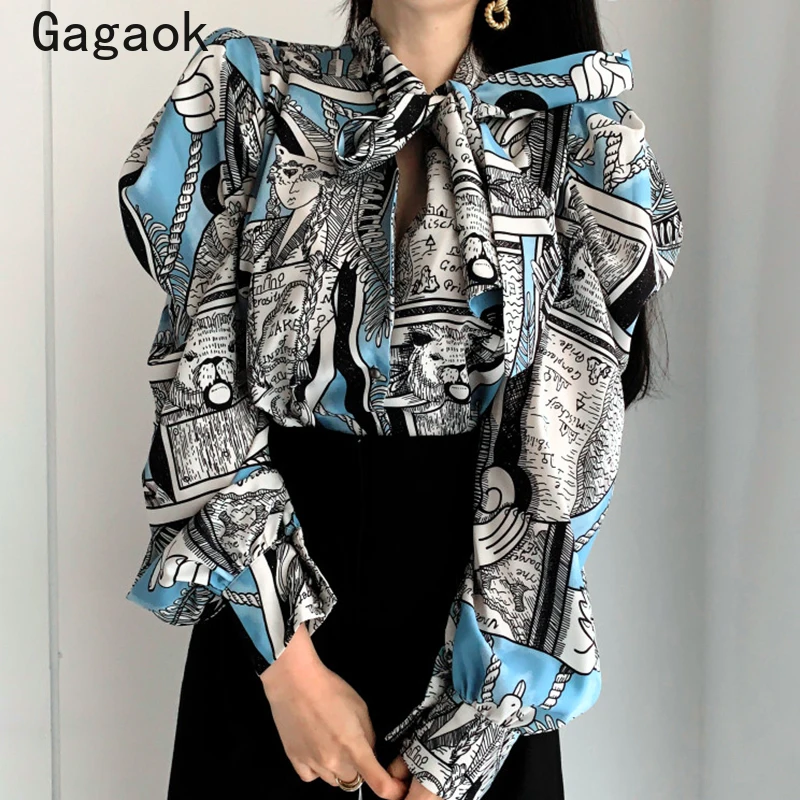 Gagaok Vintage Blouse Women 2021 Spring Autumn New V-Neck Puff Sleeve Undefined Print Shirts Casual Korean Chic Wild Blouses | Женская