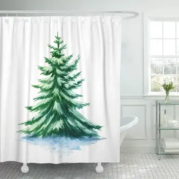 

Decorative Shower Curtain Green Christmas Watercolor Spruce Tree Paint Waterproof Bathroom Shower Curtain Set Hooks