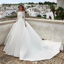 White Wedding Dress Lace 3D Flower O-neck Long Sleeve Simple Bridal Dresses Zipper Custom Made Plus Size Wedding Gown