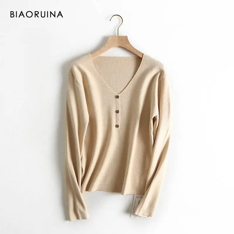 BIAORUINA, 3 цвета, Женский Повседневный однотонный вязаный пуловер с v-образным вырезом, Женский базовый минималистичные тонкие свитера, осень - Цвет: Хаки