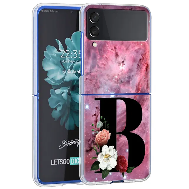 Letter A B Flowers Pink Case For Samsung Galaxy Z Flip 3 5G Transparent Hard Cell Phone Cover ZFlip3 Clear PC Luxury Fundas H02