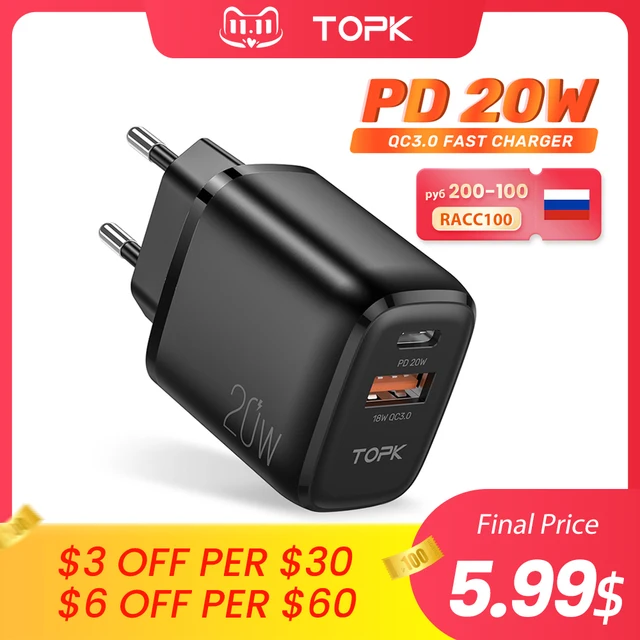 TOPK B210P 20W Quick Charge 3.0 USB Type C PD Charger For iPhone 12 Pro Max Xiaomi USB C Fast Charging Travel Wall Phone Charger 1