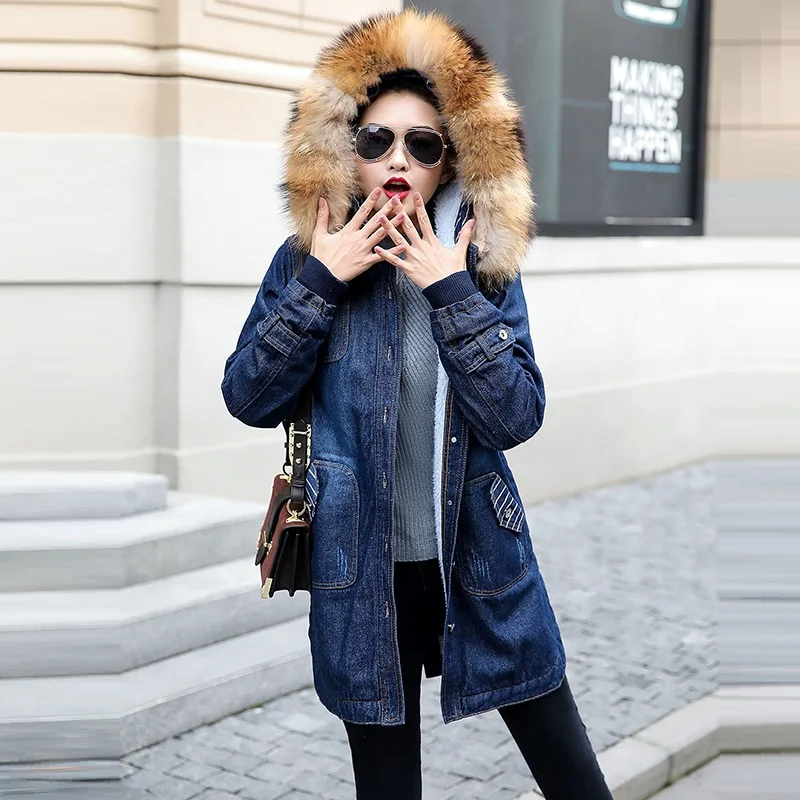 low cost  Ladies Winter Thick Jeans Jacket Faux Fur Collar Hooded Long Denim Jacket Female Warm Wool Jean Coa
