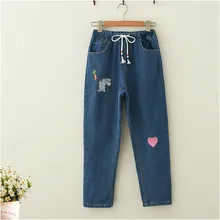 Японский Мори девушка зима милый кролик вышивка плюс бархат утолщение джинсы Студенческая девушка мягкие милые сестра теплые брюки