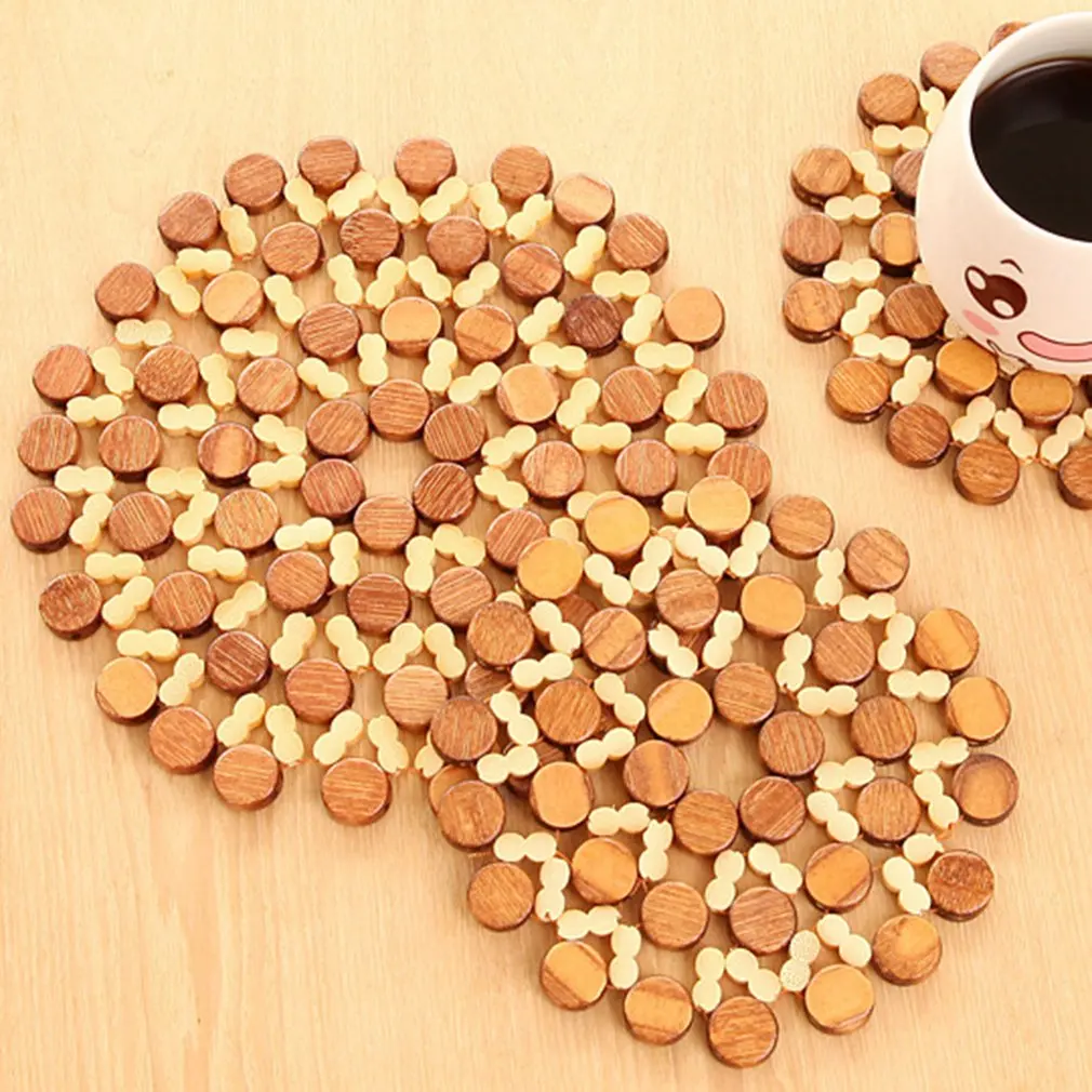 

Round Bamboo Placemat Insulation Pads Against Hot Desk Table Mats Coasters Hollow Wooden Pot Cup Mat Kitchen Accessories