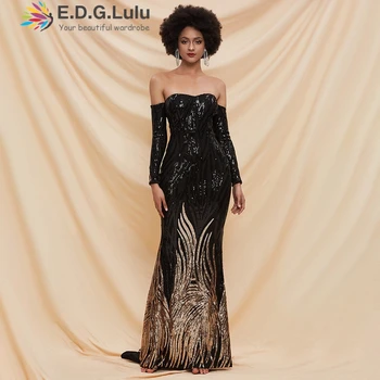 

EDGLuLu Elegant Off Shoulder Long Sleeve Sequin Maxi Dress Black Glitter Floor Length Evening Dresses Woman Party Night 0712