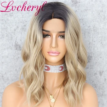 

Lvcheryl Short Synthetic-lace-front Ombre Blonde Hair Heat Resistant Hand Tied-wigs for Women