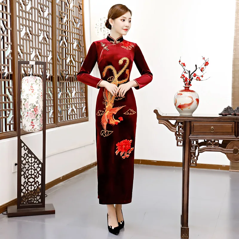 Китайское женское стильное платье бордовый цветок Cheongsam сексуальное высокое платье Ципао с разрезом с пуговицами ручной работы традиционное платье для выпускного вечера Vestidos