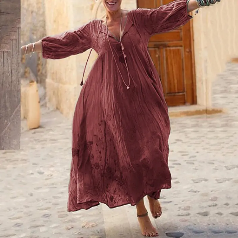 

V-Neck Maxi Dress Fall Autumn Women's Boho Pullover Dresses Loose Bohemia Long Dresses Sexy V-Neck Beach Floral Printed Vestido