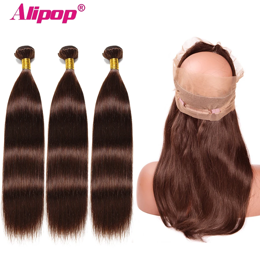 

Brazilian Straight Hair Light Brown Colored Bundles With Closure Frontal Human Hair 360 Lace Frontal With Bundles Alipop NonRemy