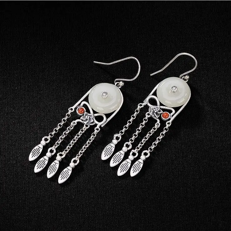 

Original design natural Hetian jade safe buckle tassel luxury earrings Chinese retro aristocratic charm women's silver jewelry