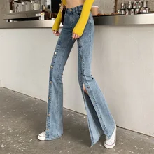 Женские осенние новые джинсы с застежкой на пуговицах однобортные ноги Сплит Модные женские джинсовые брюки высокая талия расклешенные хлопковые брюки